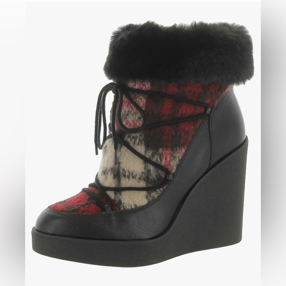 Jessica Simpson Myina red plaid Faux fur‎ ankle laceup wedge platform Boots sz 9 - Picture 1 of 10